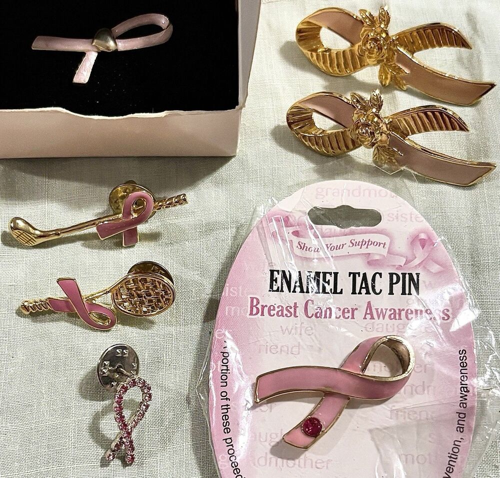 Lot 7 Breast Cancer Awareness Pink Ribbon Pins Brooch Gold Tone Crystal Enamel